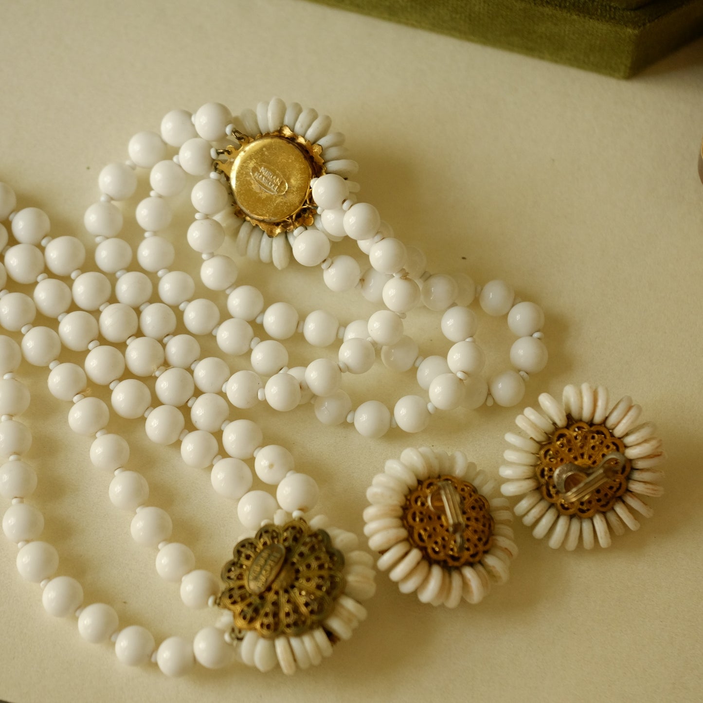Vintage Miriam Haskell Milk Glass Necklace, Earrings and Bracelet Set 1950s