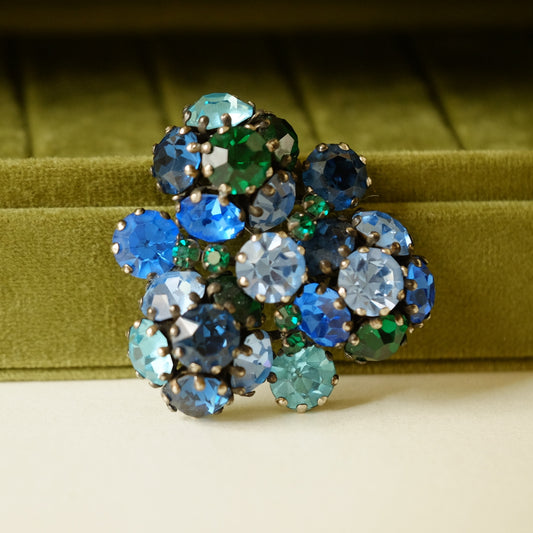 Vintage Dimensional Blue Green Rhinestone Brooch 1950s