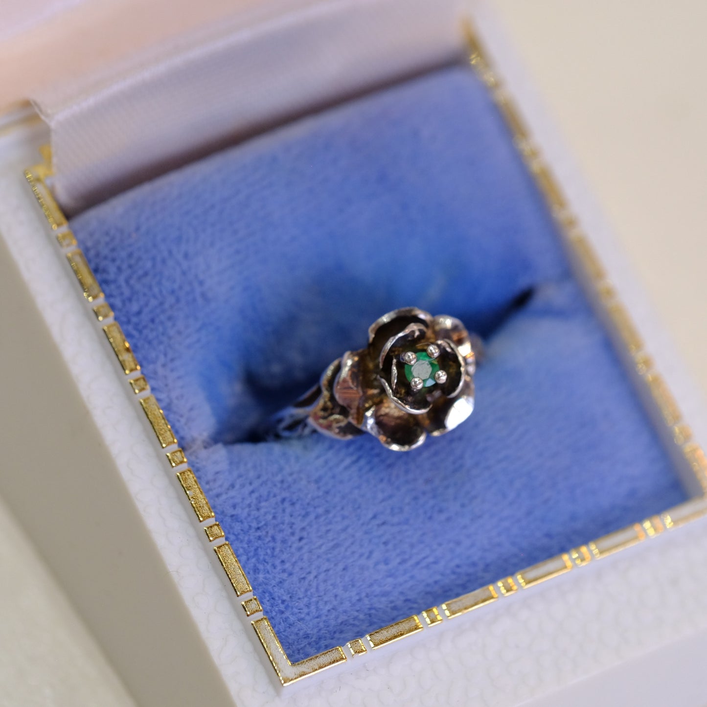 Silver Rose Ring with Green Stone