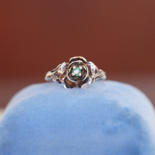 Silver Rose Ring with Green Stone