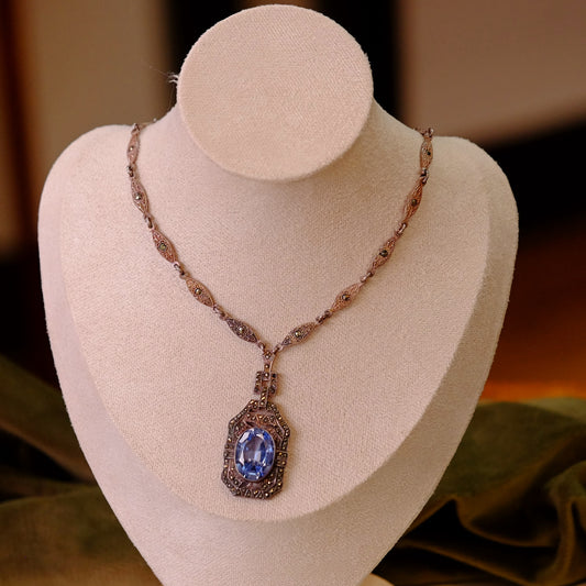 Silver Necklace with Blue Pendant and Marcasite