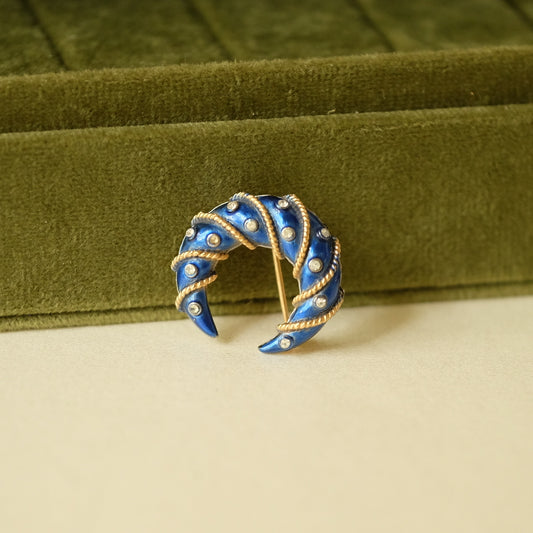 Vintage Trifari Enamel Blue Crescent Pin 1960s