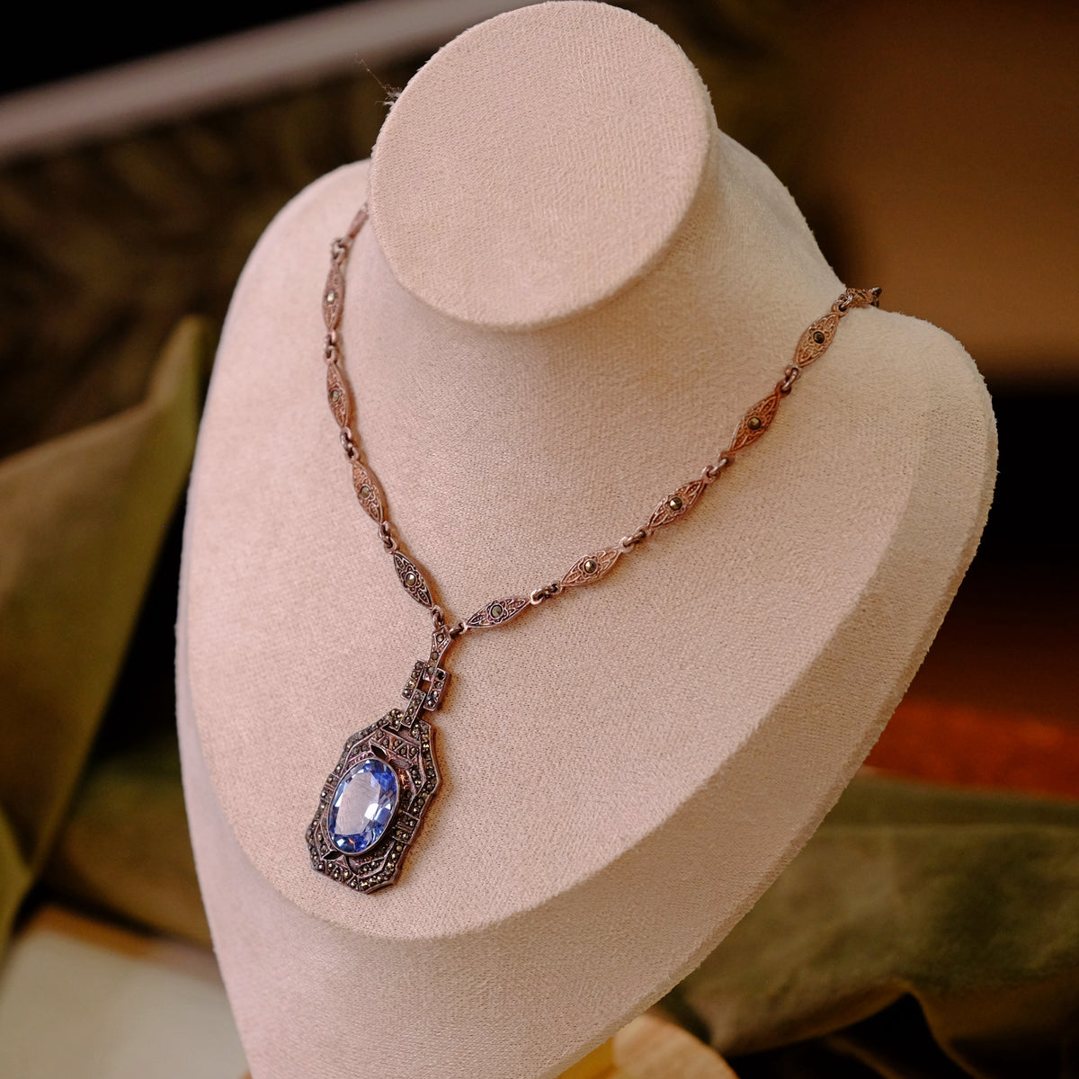 Silver Necklace with Blue Pendant and Marcasite