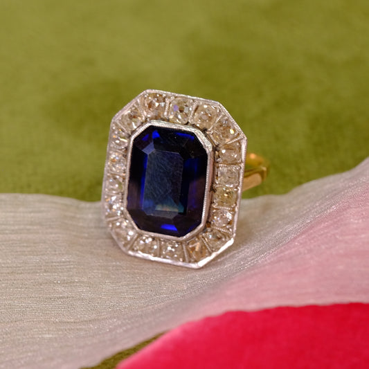 Old Mine Cut Diamond Sapphire Ring
