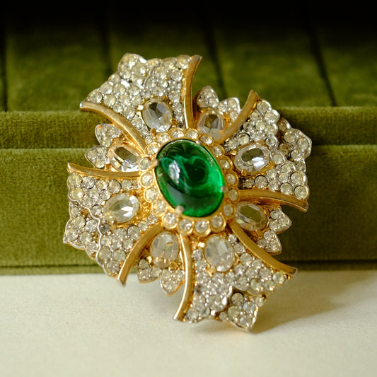 Vintage Kenneth Jay Lane Green Glass Cabochon Cross Brooch 1960s