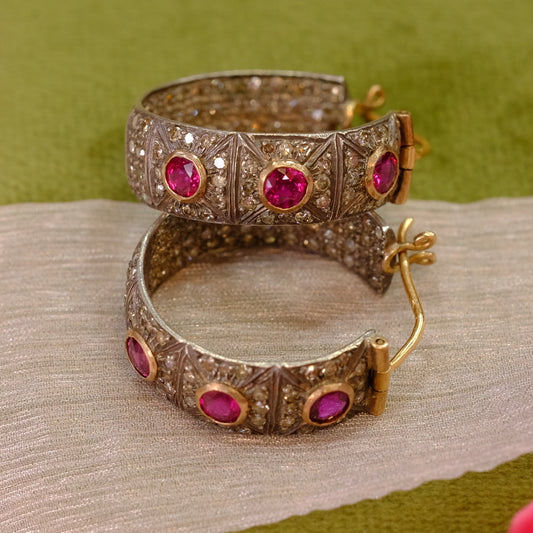 Sterling Silver and Gold Rubies and Diamond Earrings Hoops