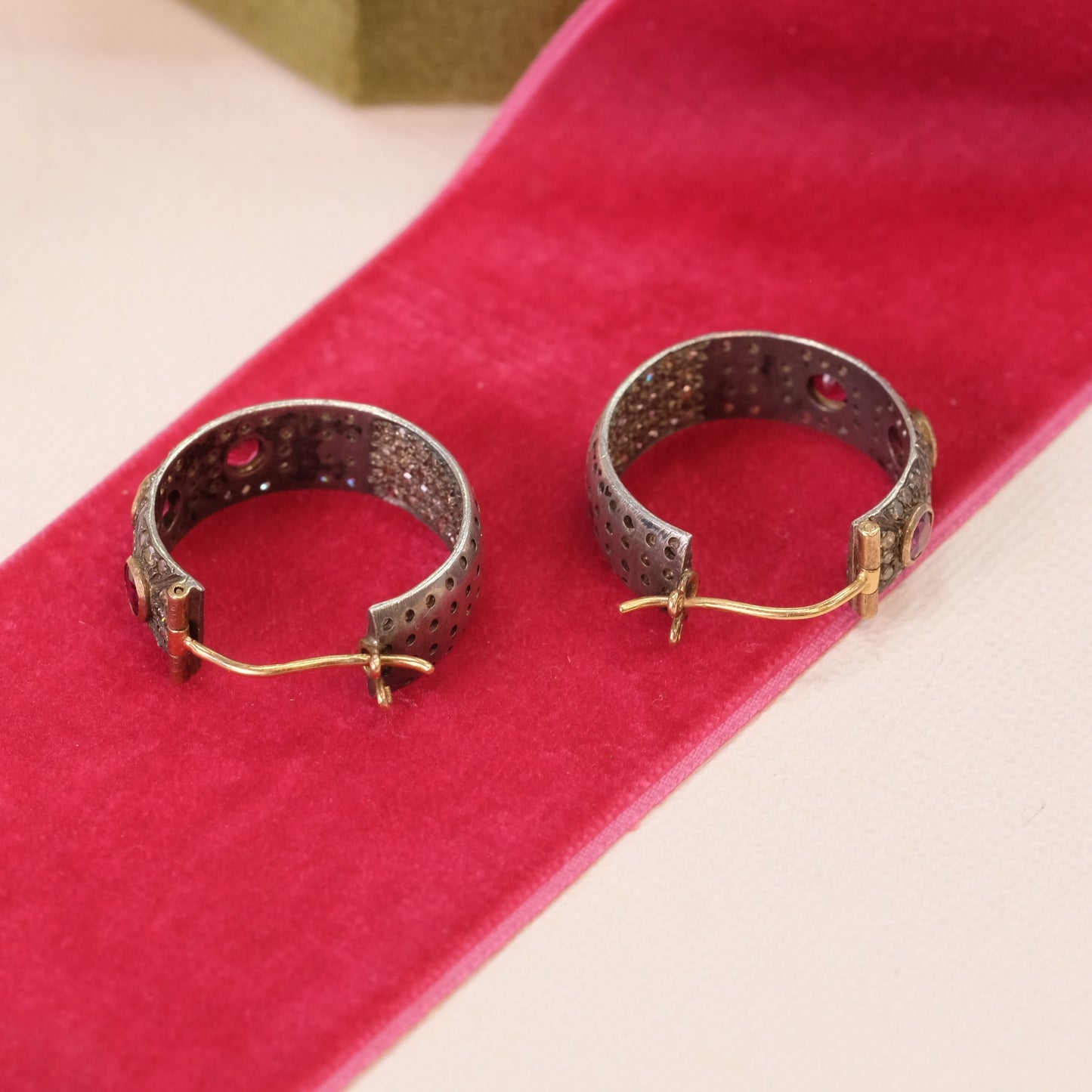 Sterling Silver and Gold Rubies and Diamond Earrings Hoops