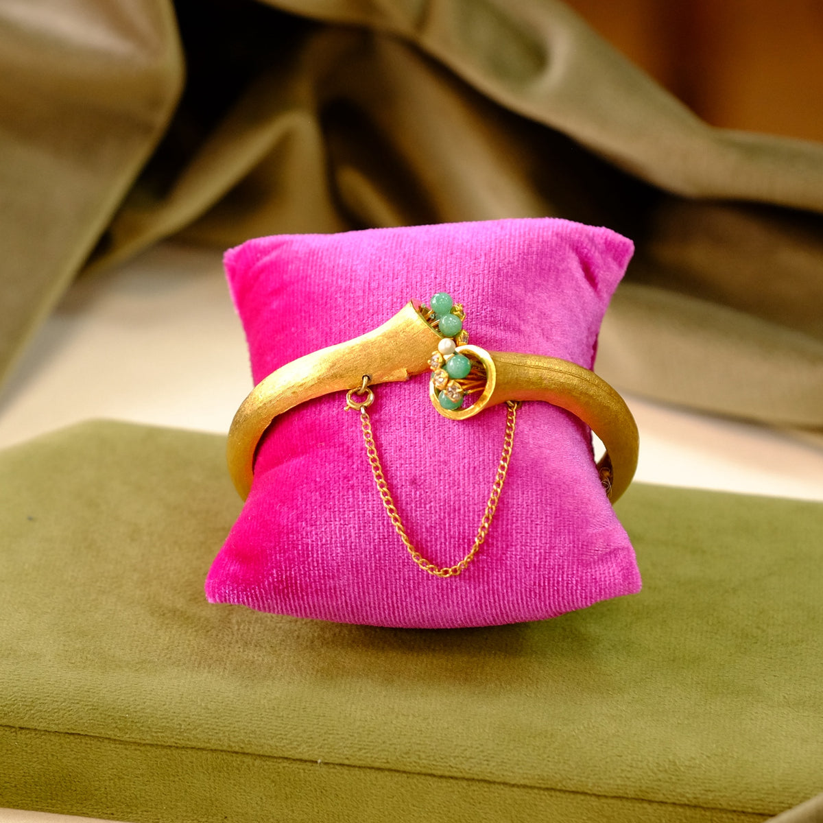 Glass Jade and Rhinestone Clamper Bracelet