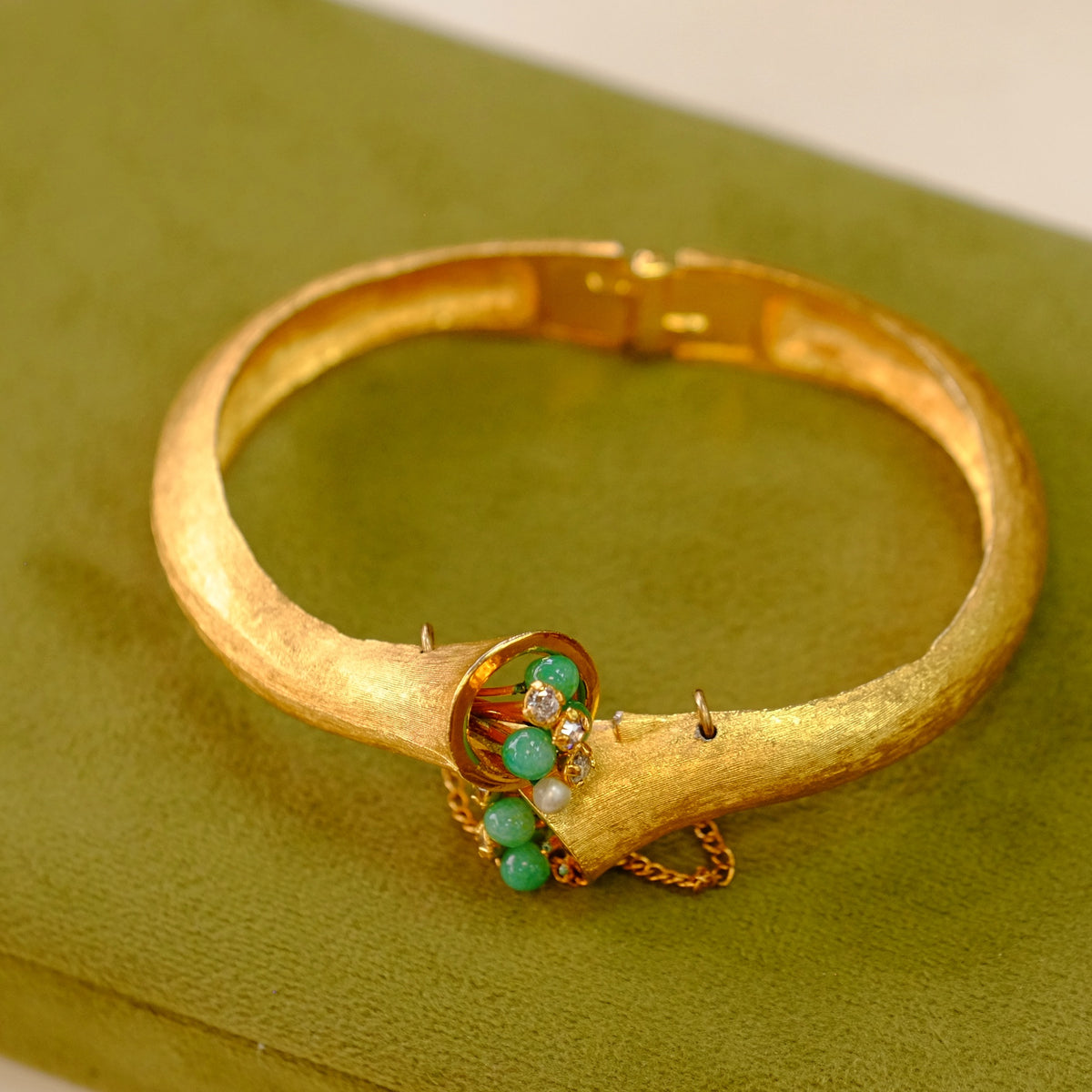Glass Jade and Rhinestone Clamper Bracelet