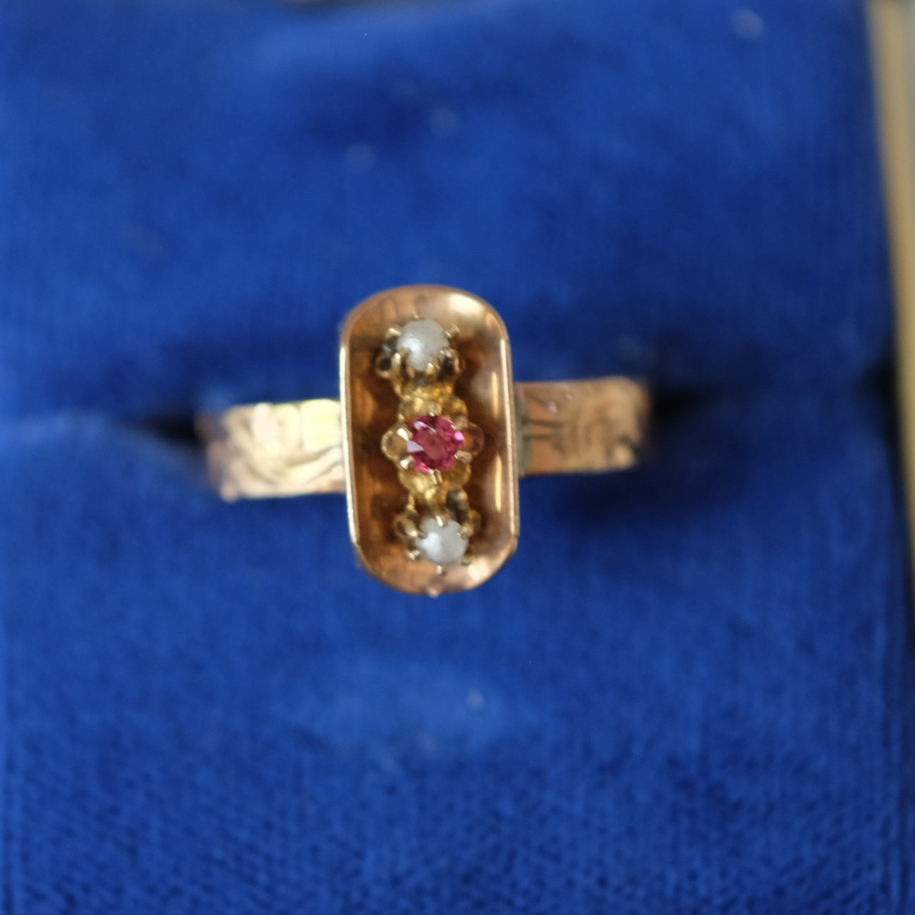 Antique 14K Rose Gold Pearl and Ruby Ring