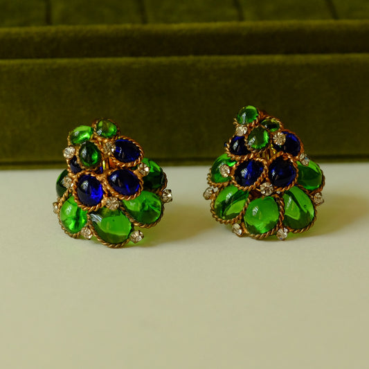 Early Gripoix Blue and Green Peacock Color French Earrings 1960s