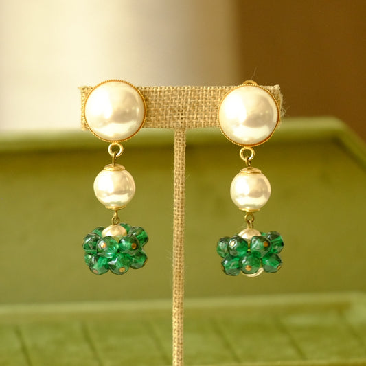Vintage French Dangle Earrings with Green Glass 1970s