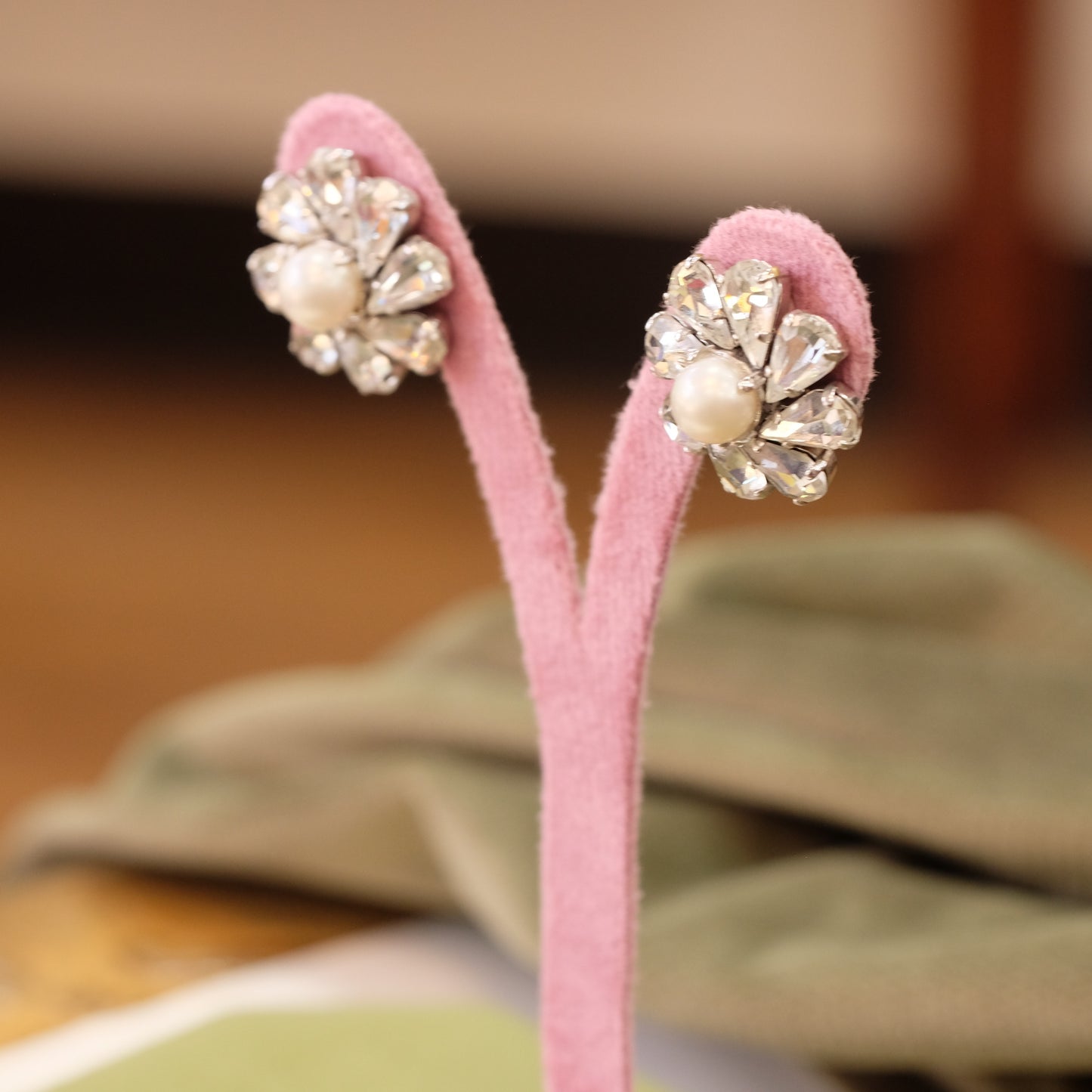 Trifari Clear Rhinestone flower and faux pearl clip on earrings