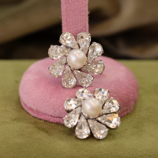 Trifari Clear Rhinestone flower and faux pearl clip on earrings