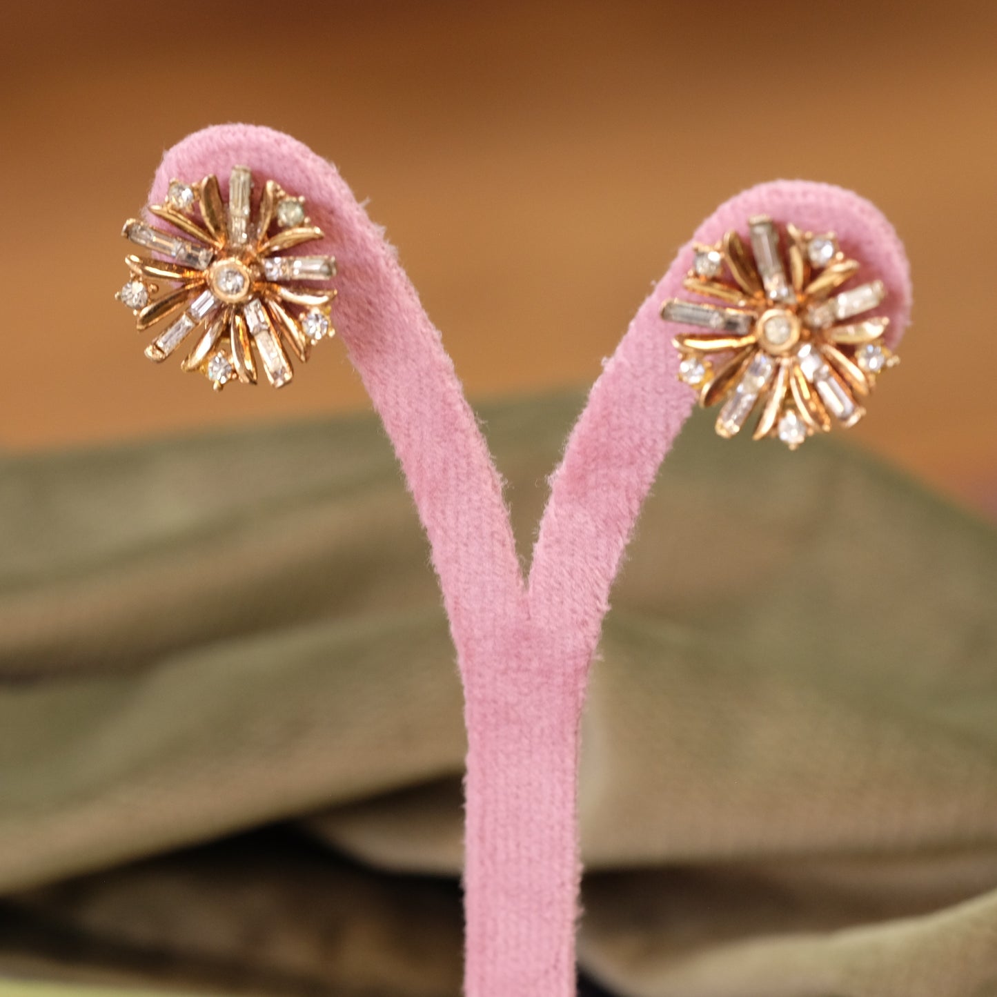 Trifari Carnation Gold tone clip on earrings 1950s
