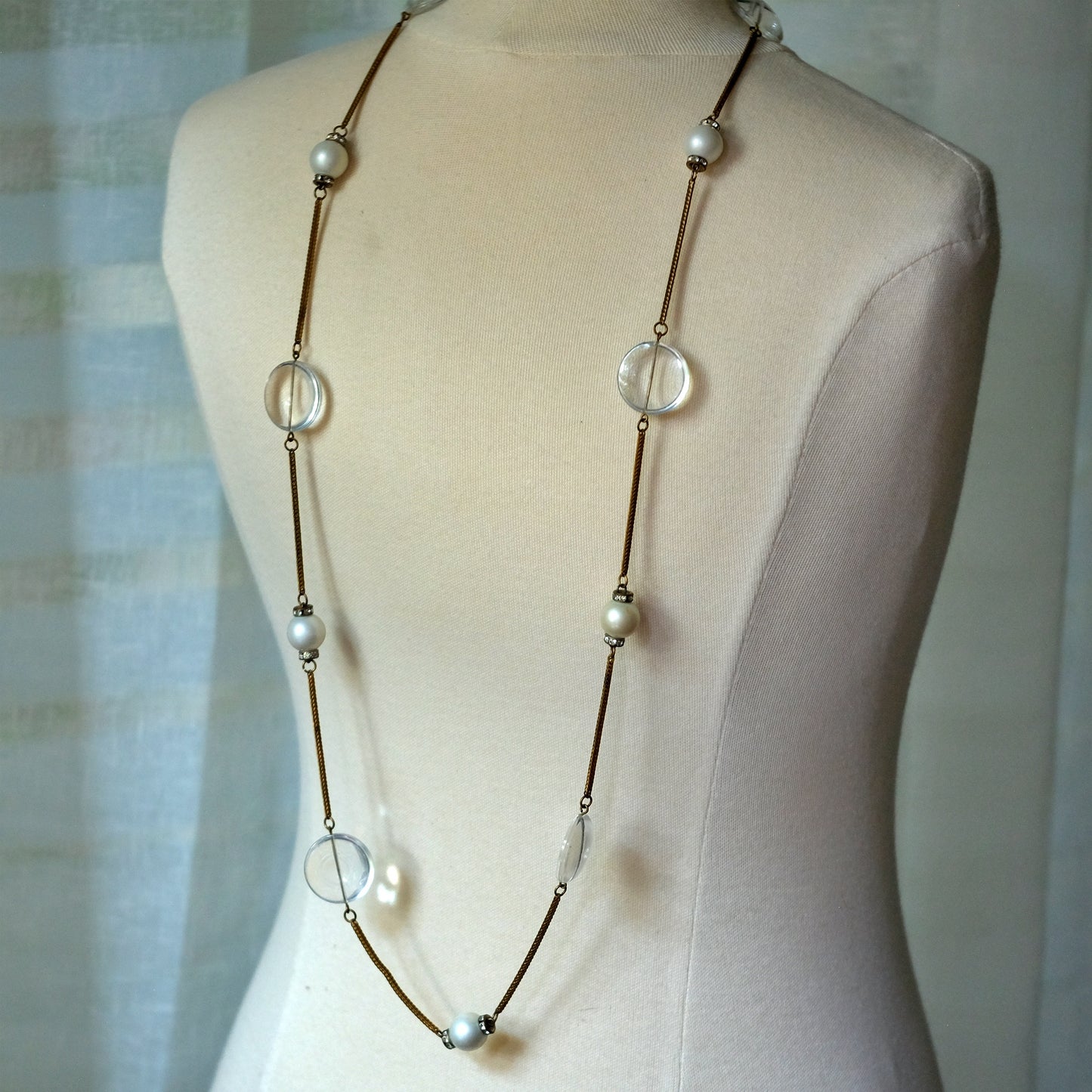 Vintage Long Sotuar Necklace with Lucite Beads