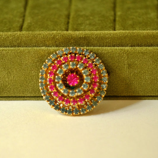 Vintage French Round Pink and Blue Brooch with Trombone Clasp 1950s