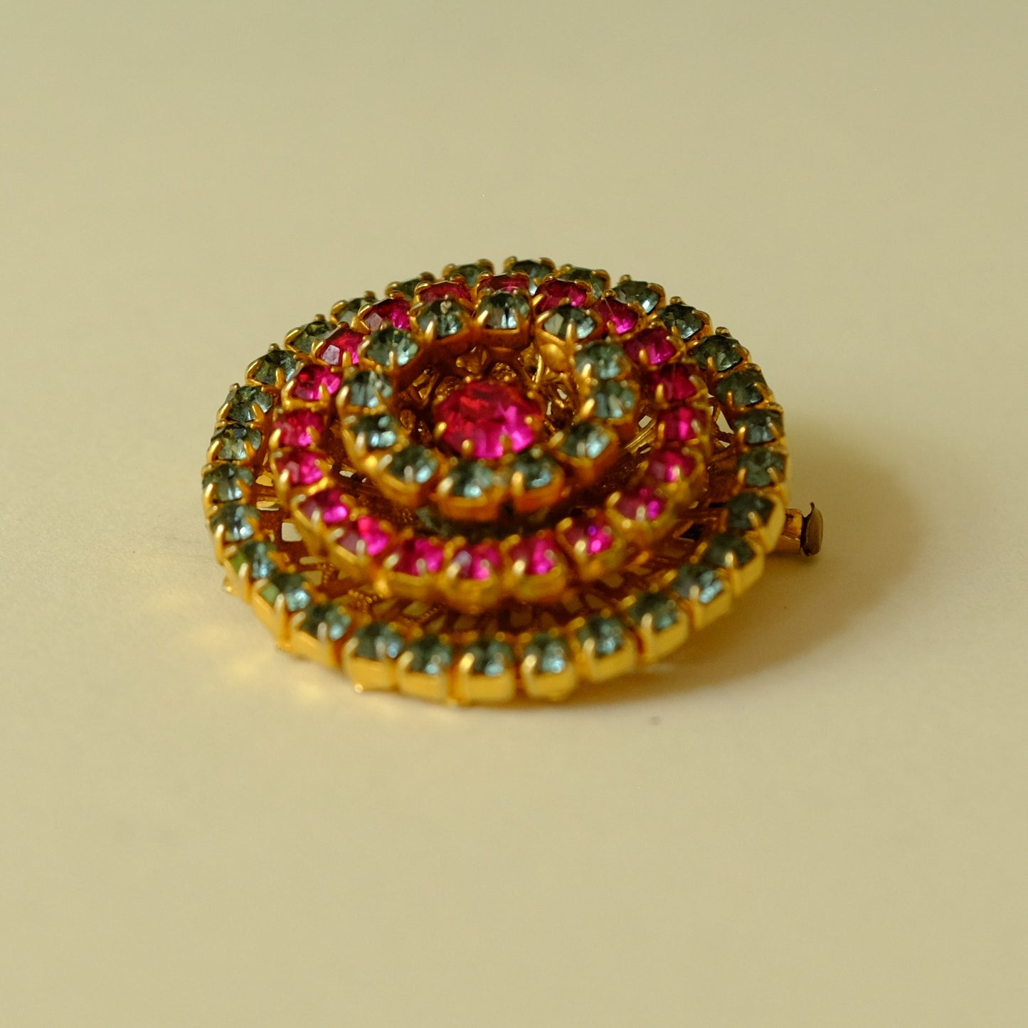 Vintage French Round Pink and Blue Brooch with Trombone Clasp 1950s