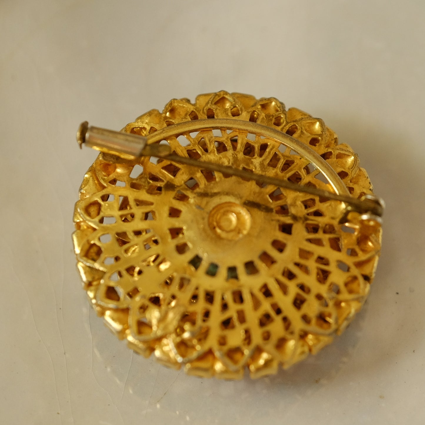 Vintage French Round Pink and Blue Brooch with Trombone Clasp 1950s