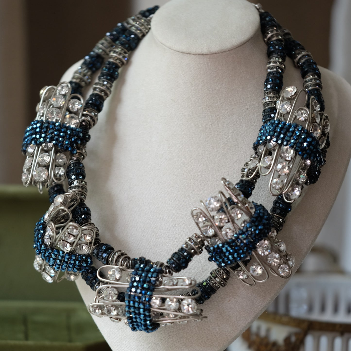 Francoise Montague Couture Necklace with Blue and Clear Rhinestones