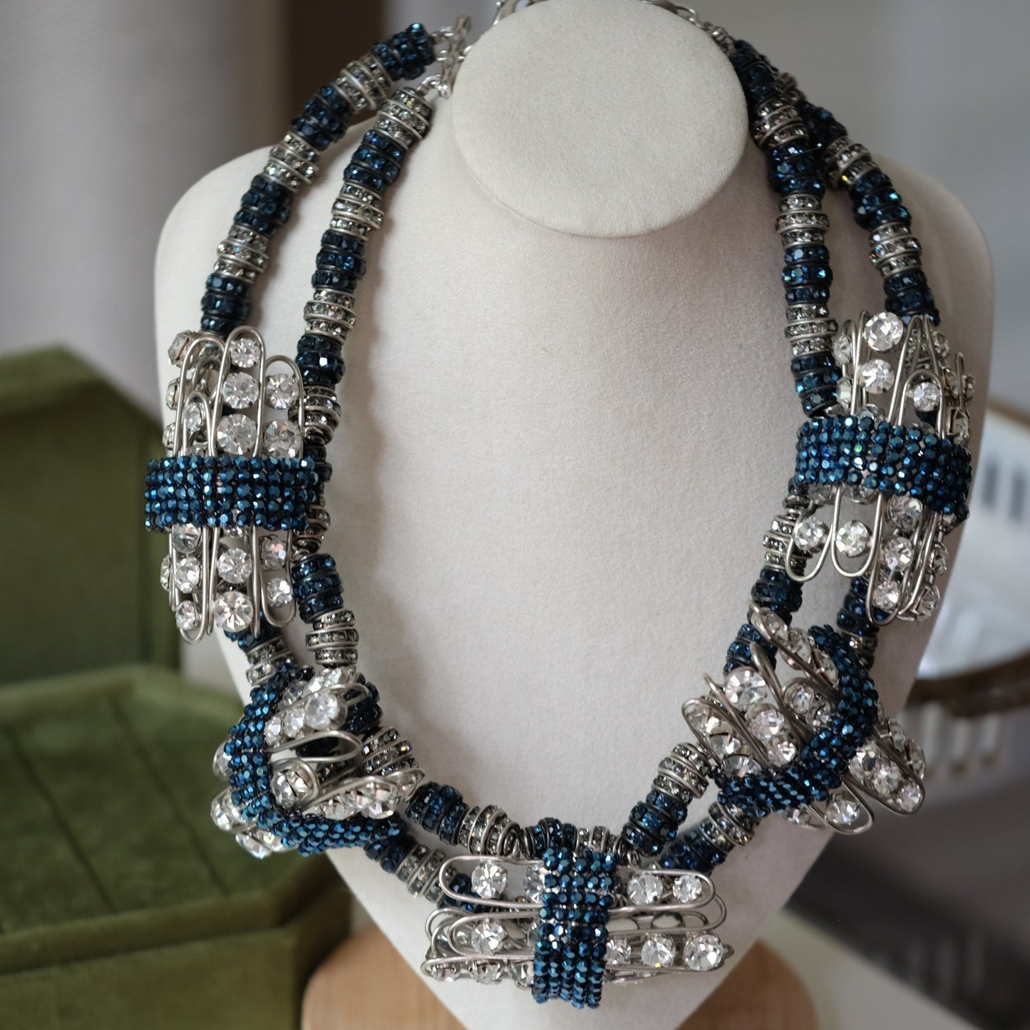 Francoise Montague Couture Necklace with Blue and Clear Rhinestones