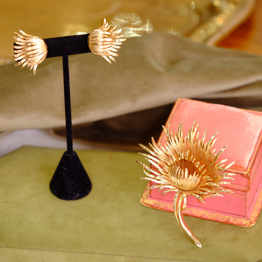 Trifari set-gldtone flower pin/er