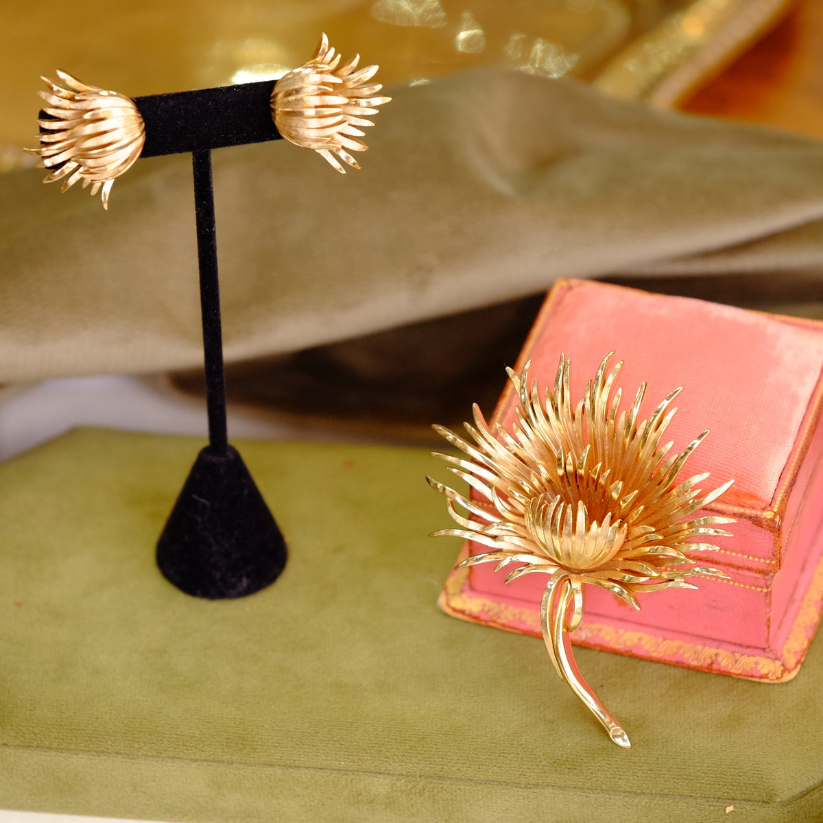 Trifari Thistle Brooch and Earrings set 1960s