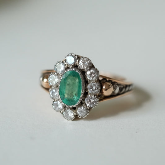 Antique Emerald and Diamond Silver and 18K Gold Ring 1880s