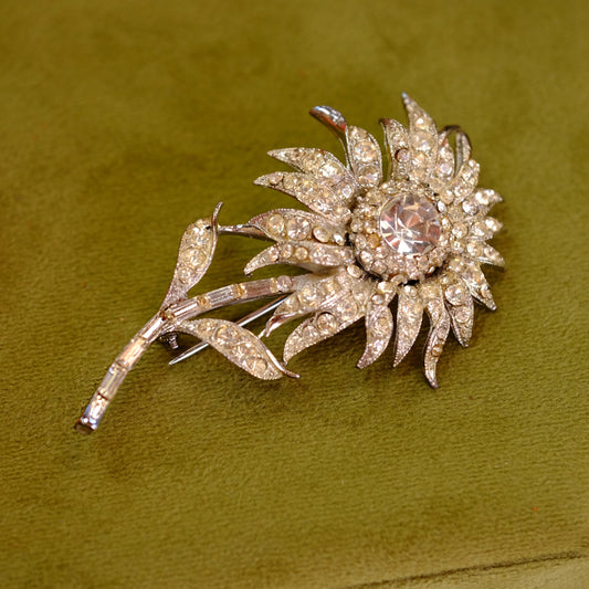 Vintage Clear Rhinestones Flower Brooch 1950s