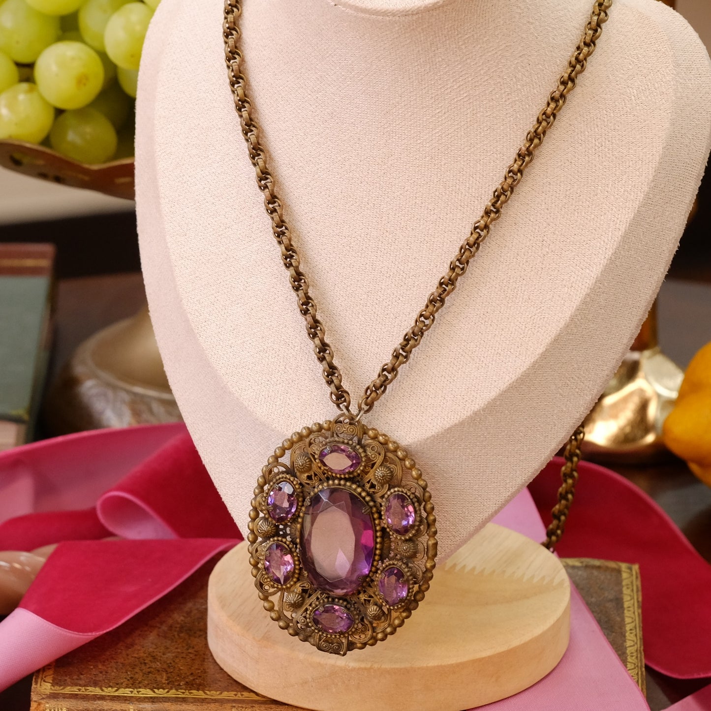 Czech Pendant Necklace with purple glass and filigree
