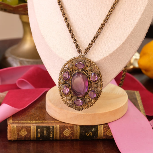Czech Pendant Necklace with purple glass and filigree