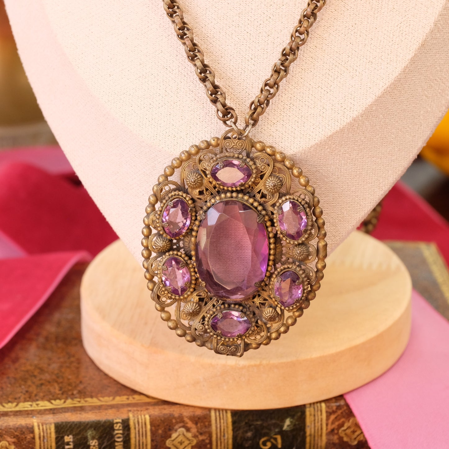 Czech Pendant Necklace with purple glass and filigree