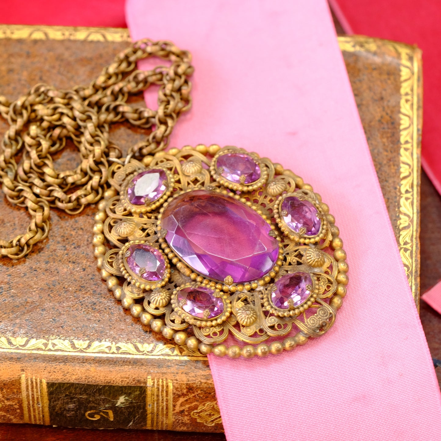 Czech Pendant Necklace with purple glass and filigree