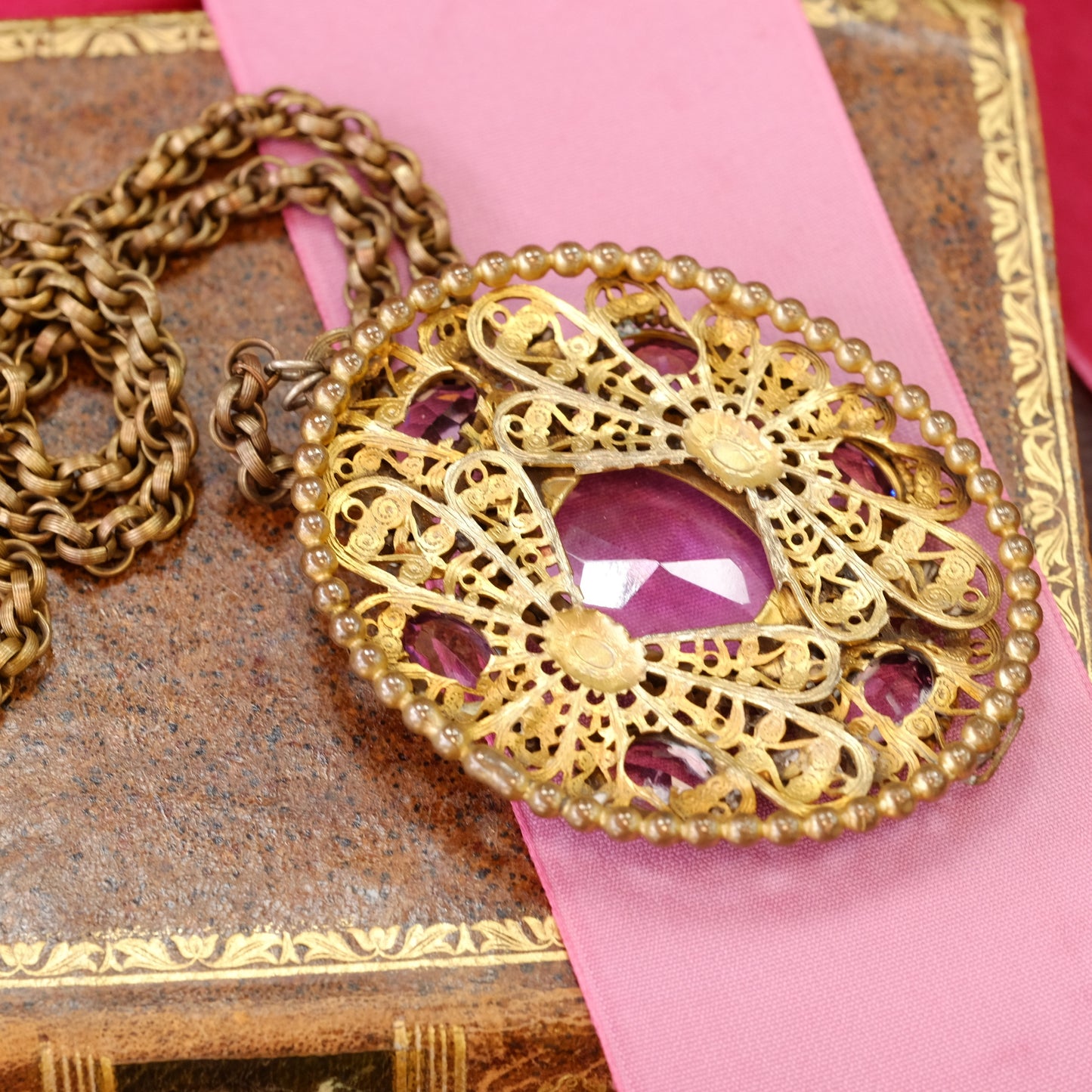 Czech Pendant Necklace with purple glass and filigree