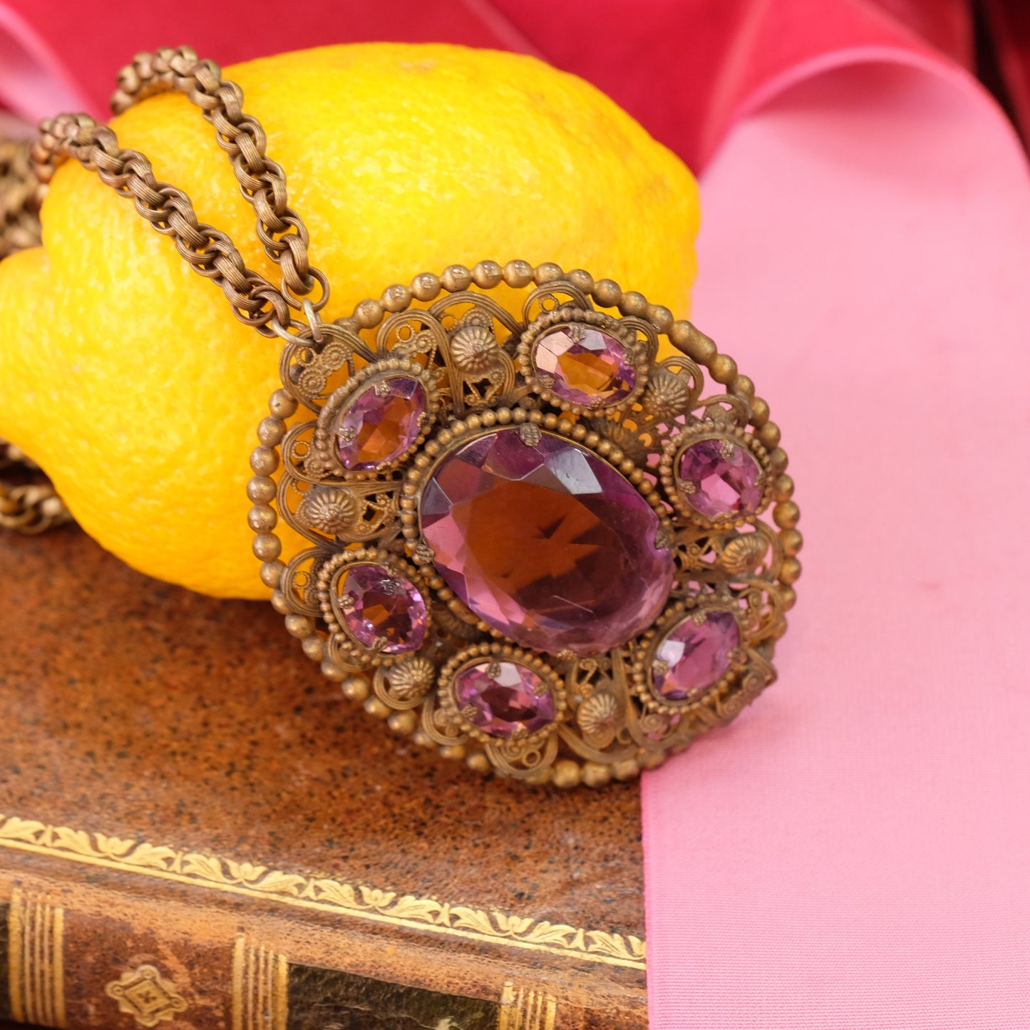 Czech Pendant Necklace with purple glass and filigree