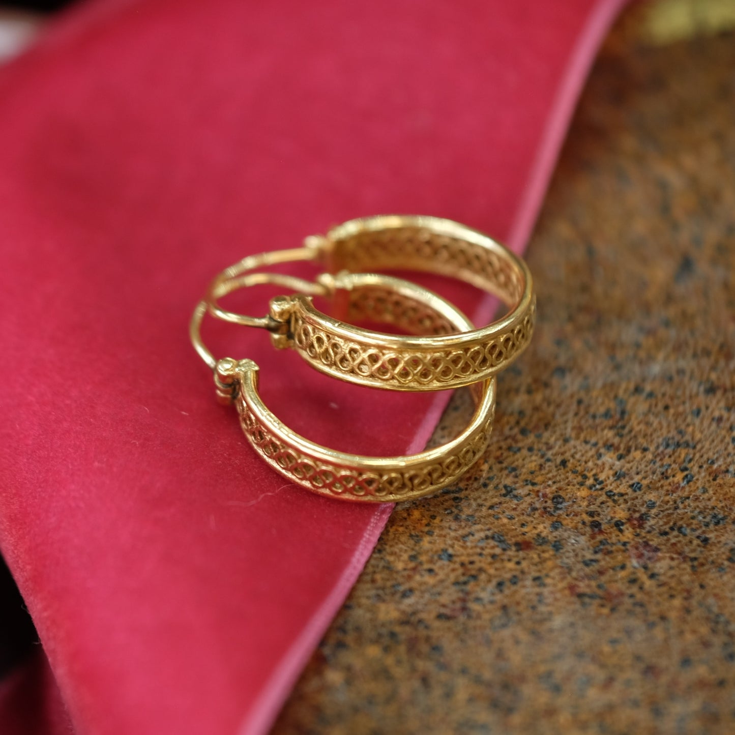 14K Gold Etruscan Revival Hoops Earrings