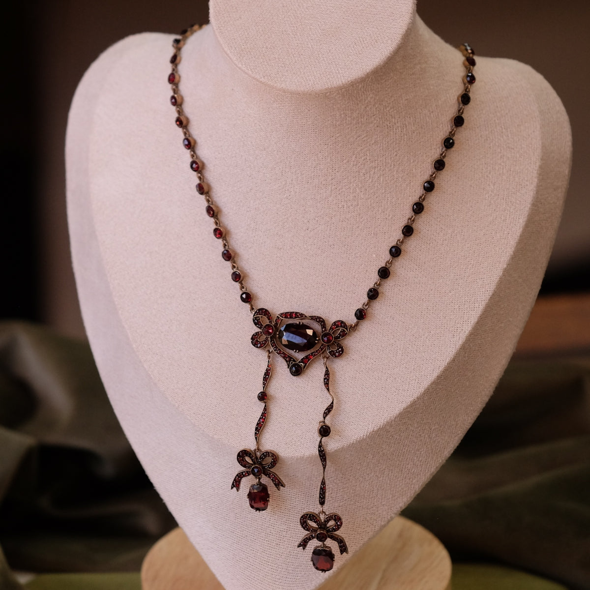 Victorian Garnet Bow Necklace Bezel Set