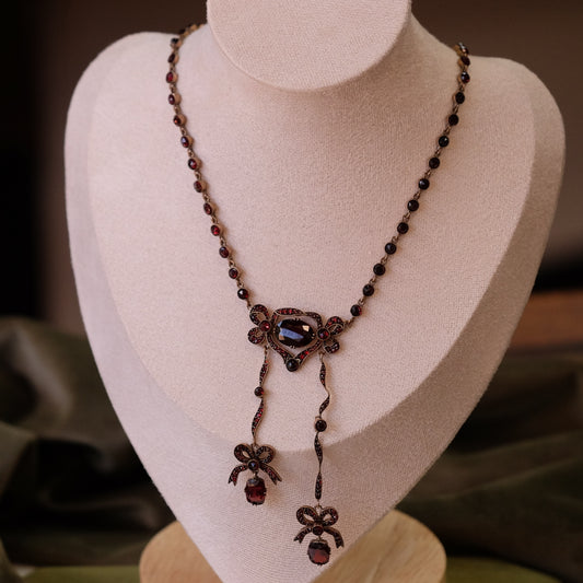 Victorian Garnet Bow Necklace Bezel Set