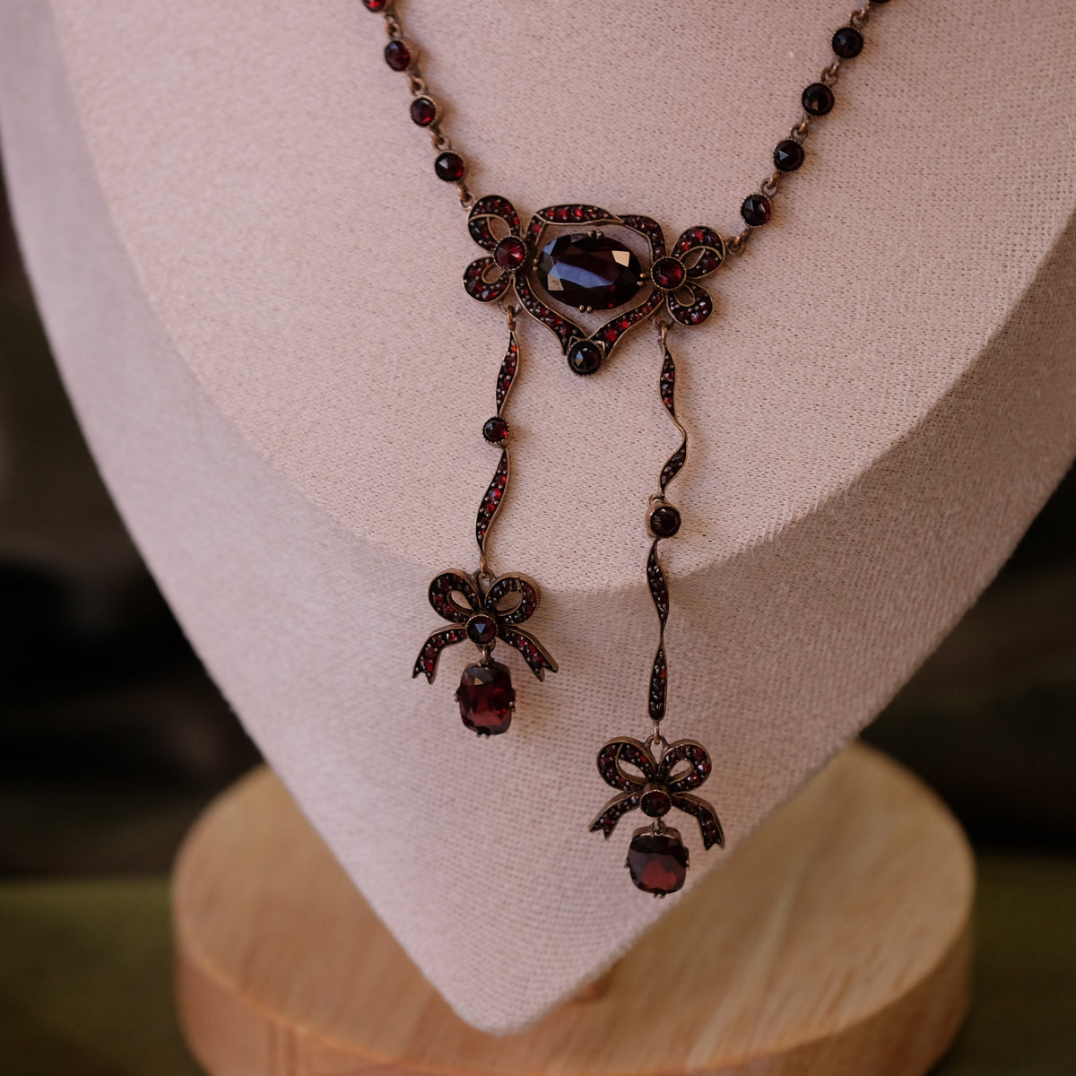 Victorian Garnet Bow Necklace Bezel Set