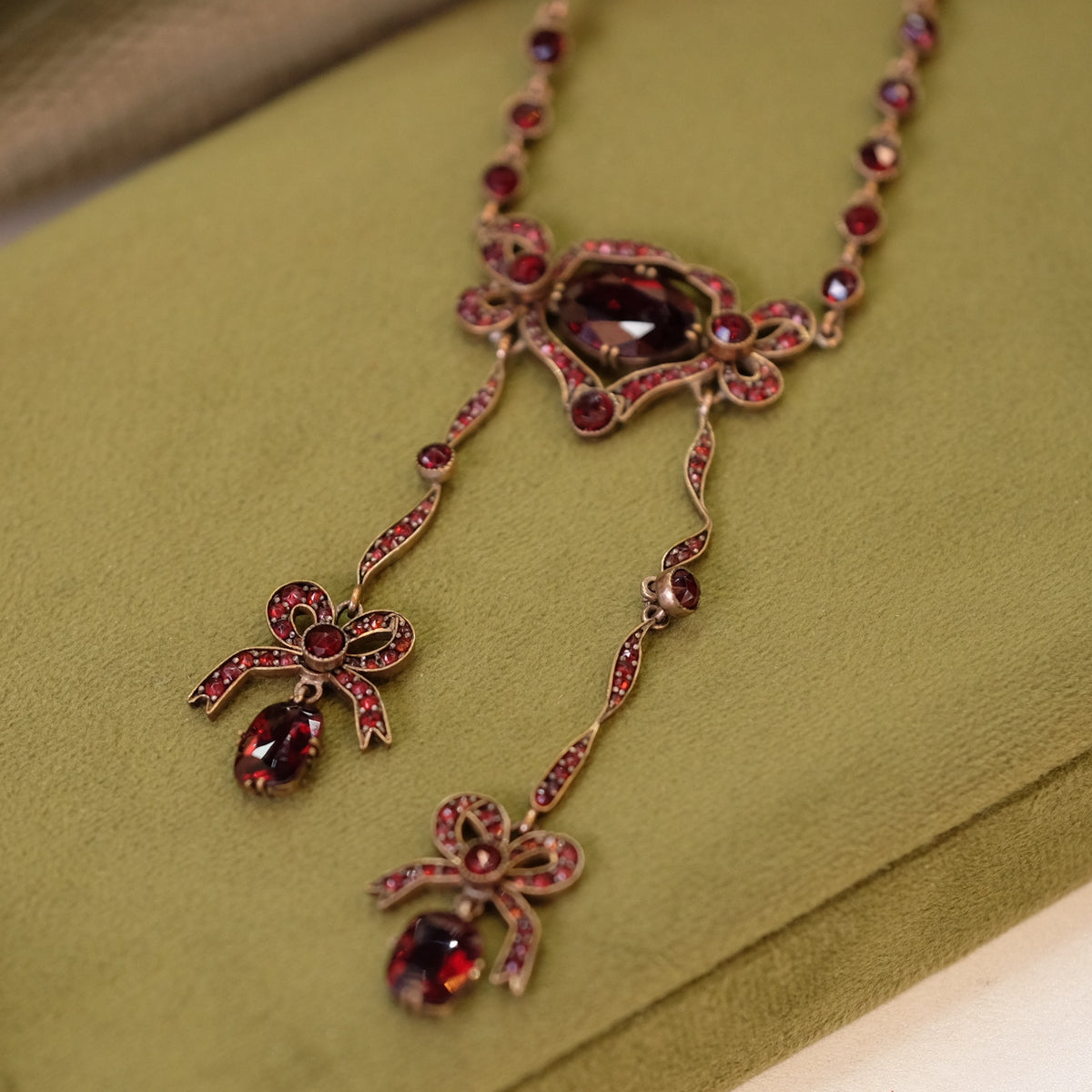 Victorian Garnet Bow Necklace Bezel Set