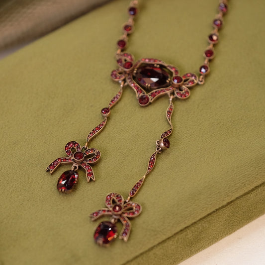 Victorian Garnet Bow Necklace Bezel Set