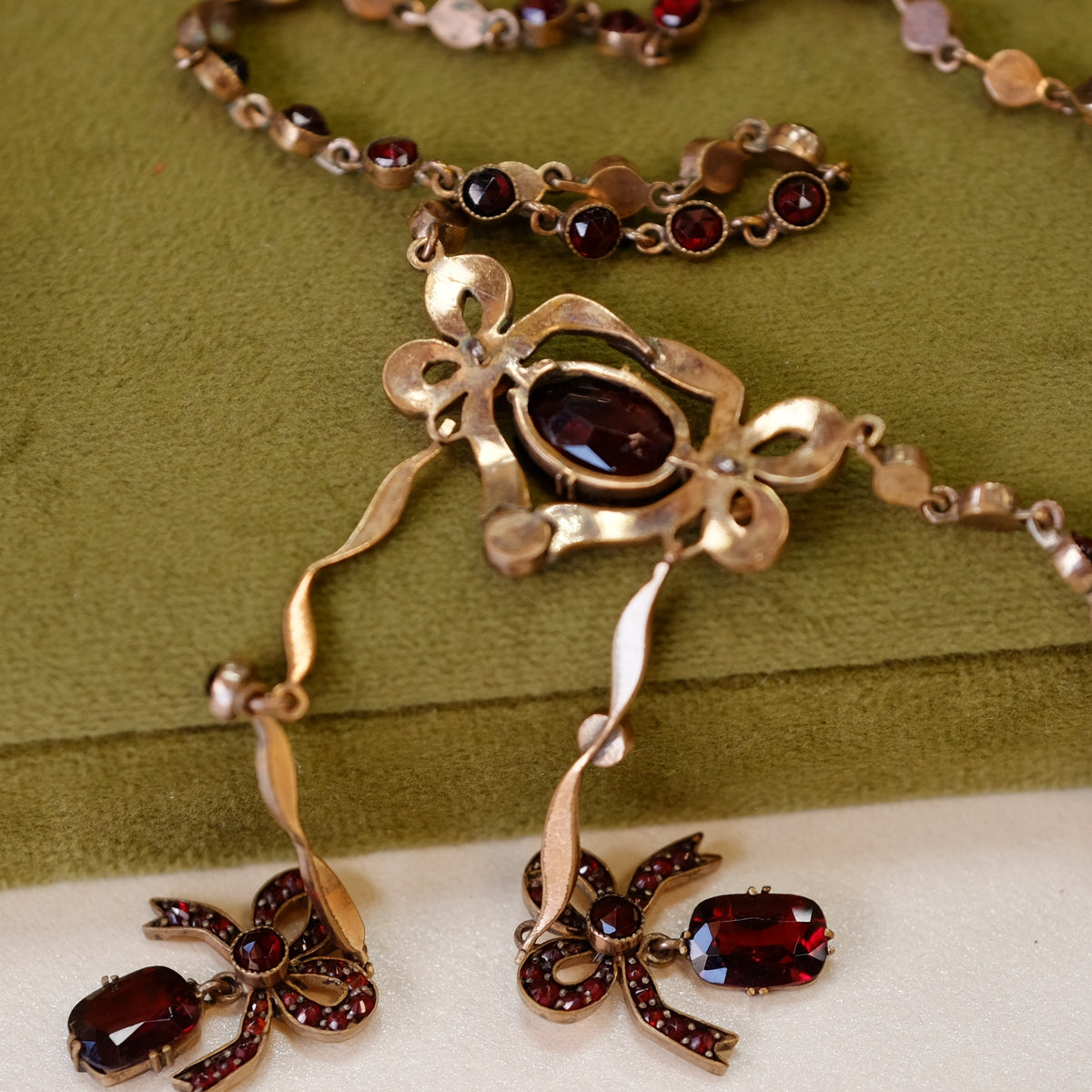 Victorian Garnet Bow Necklace Bezel Set