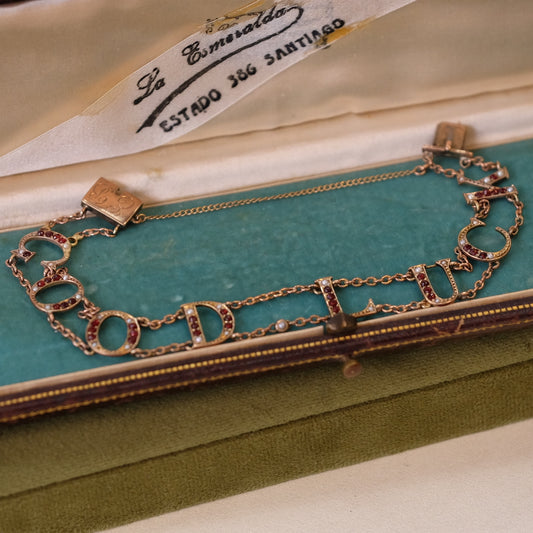 10K Gold Victorian Good Luck bracelet with garnets and pearls