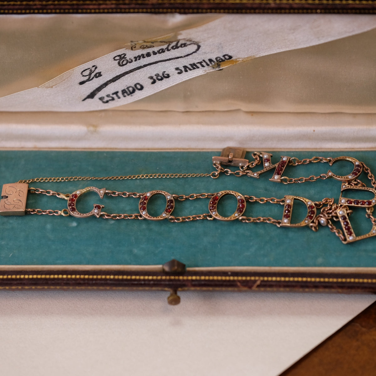 10K Gold Victorian Good Luck bracelet with garnets and pearls