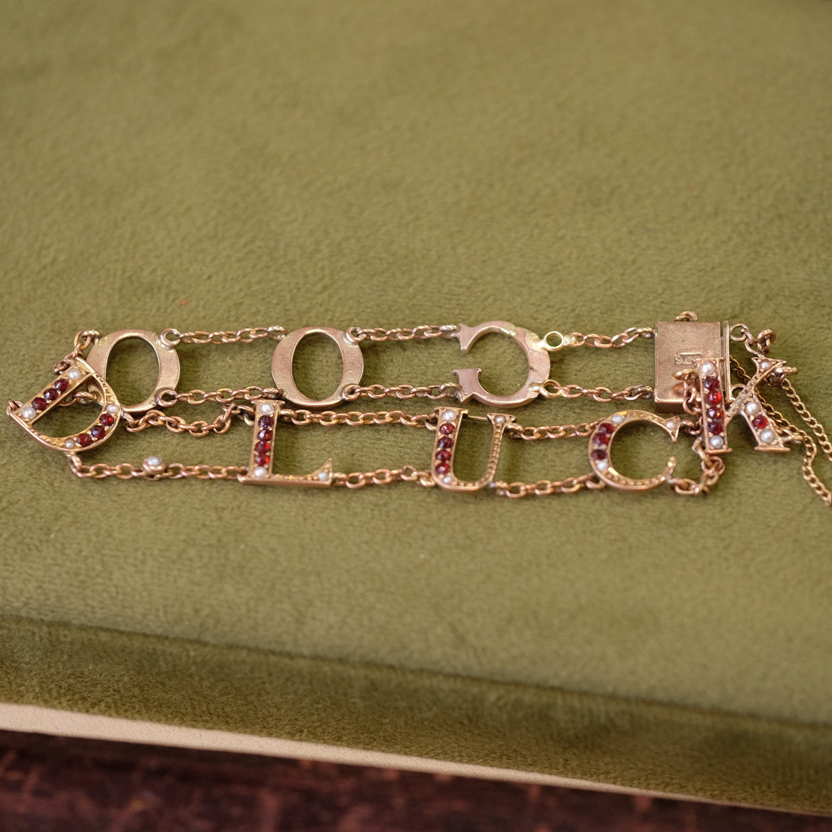10K Gold Victorian Good Luck bracelet with garnets and pearls