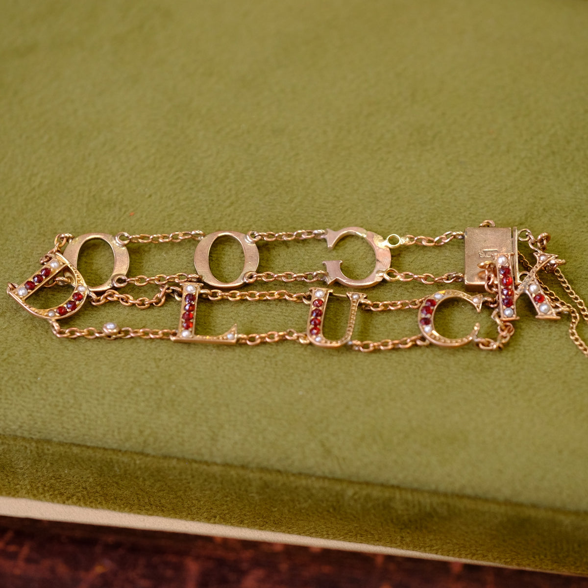 10K Gold Victorian Good Luck bracelet with garnets and pearls