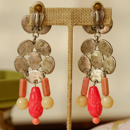 Vintage Philippe Ferrandis Faux Coral Chandelier Earrings 1990s