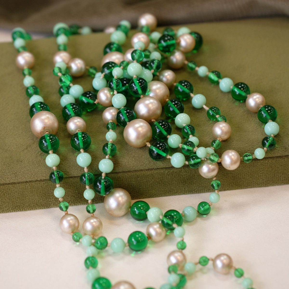 Art Deco Green Glass Flapper Beads 1930s