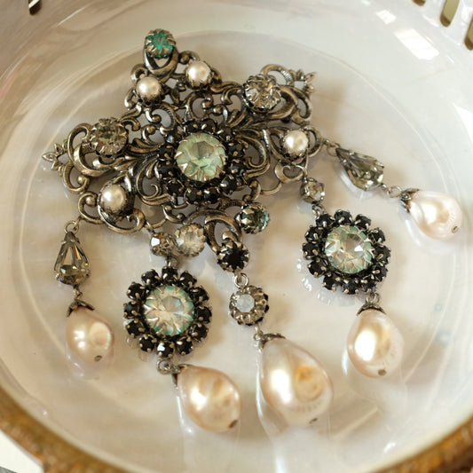Vintage Kaufbeuren Germany Large Dangle Pearl Brooch signed 53 1950s
