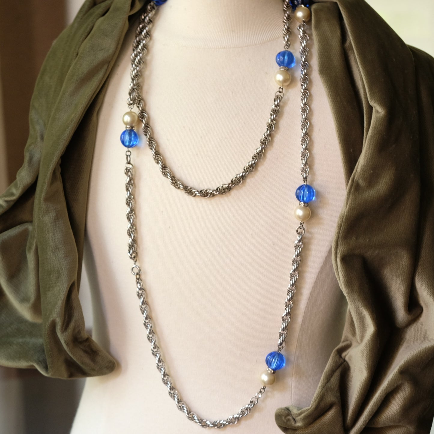 Vintage Long Sotuar Necklace with Blue Melon Beads